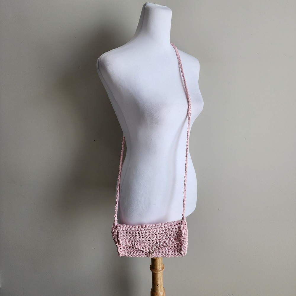 Crochet Shoulder Bag Pink Handcrafted Knit Envelope Crossbody Boho Coquette 80s - Picture 2 of 14